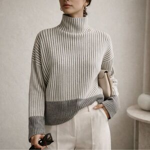 Rachael Zoe NWOT Sz M Striped LS Funnel Neck Drop Shldr Gray Dk Gray Btm